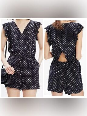 Madewell Petalplay Dotmix Romper white polka dot pattern and flutter sleeves.